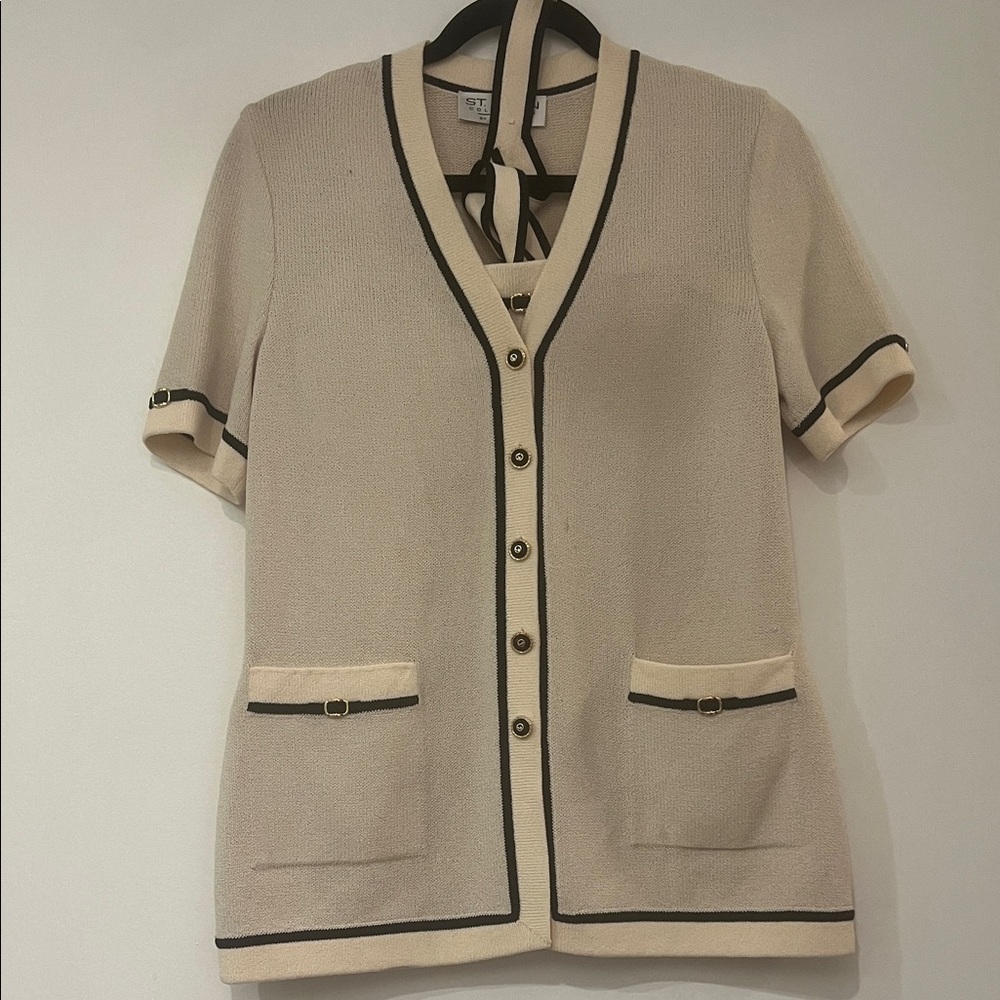 Vintage St John by Marie Gray 3Pc Santana Knit Sweater Set: Cardigan, Tank +Belt